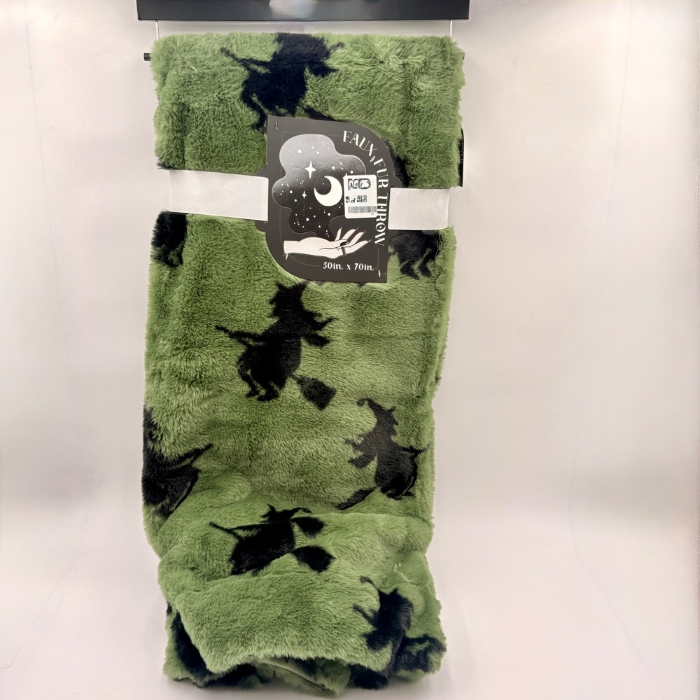 Halloween Spooky Witch Faux Fur Throw Blanket‎ Green Black 50x70 New